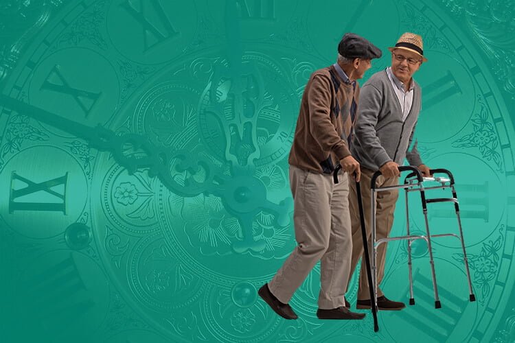 Elderly Men Using Walkers in Front of Clock