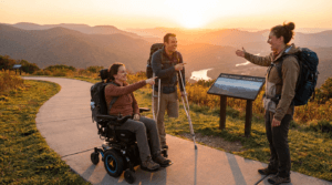 Image of a diverse group of travelers or a collage of travel scenes with mobility aids