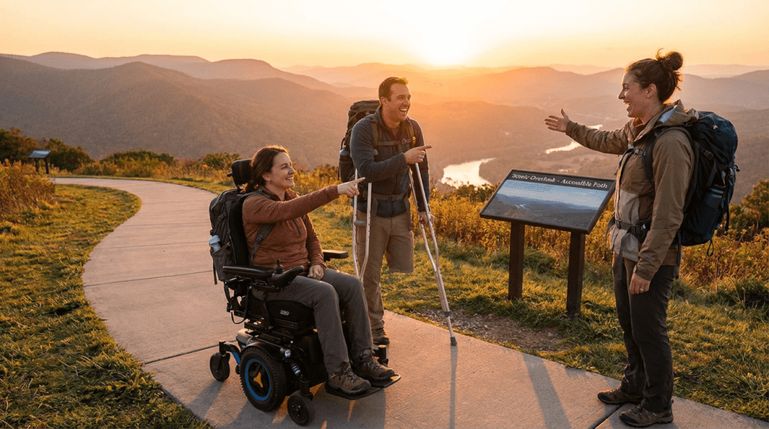Image of a diverse group of travelers or a collage of travel scenes with mobility aids