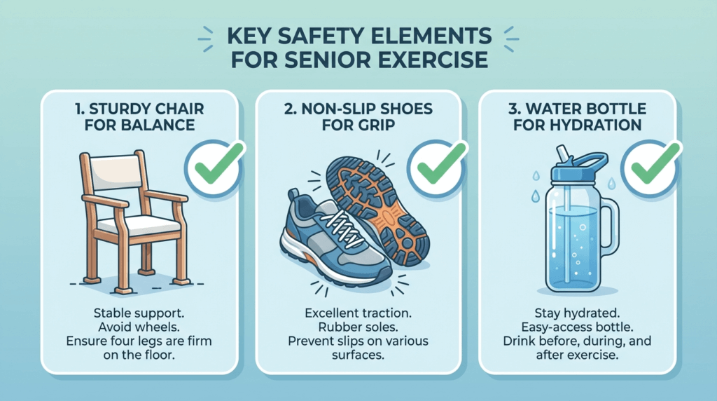 the safety checklist: a sturdy chair without wheels, a pair of non-slip shoes, and a water bottle,